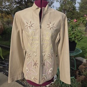 Pamela McCoy Beige Floral Embroidered Leather Jacket. CP